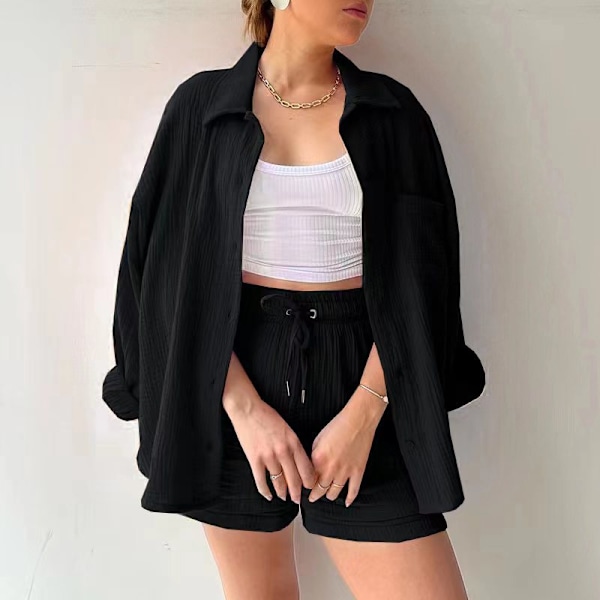 Dam Crinkle Krage Långärmad Skjorta Hög Midja Dragsko Shorts Mode Avslappnad Tvådelad Set Svart S
