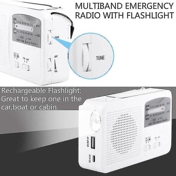 Nödradio med solceller och handvev, självdriven, batteri USB-laddning FM/AM-radio LED-ficklampa telefonladdare