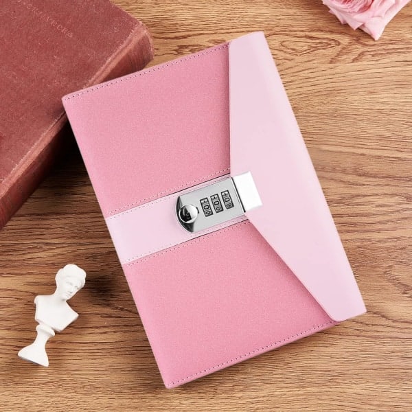 A5 aflåselig dagbog til erhverv, aflåselig penneholder og kortspor, kontorartikler studenterbrevpapir, størrelse 8,6\"x5,9\"（Pink）