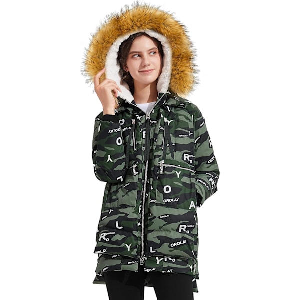 Kvinders Tykkelse Dunjakke Parka Hætte Lang Puffer Frakke til Vinter XS Green Camo