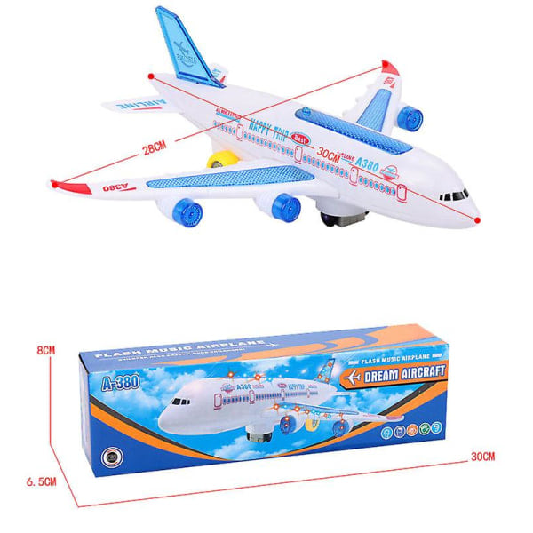 Elektriskt flygplan med musik, ljus och ljud - Leksaksplan A380 med ljus och passagerare