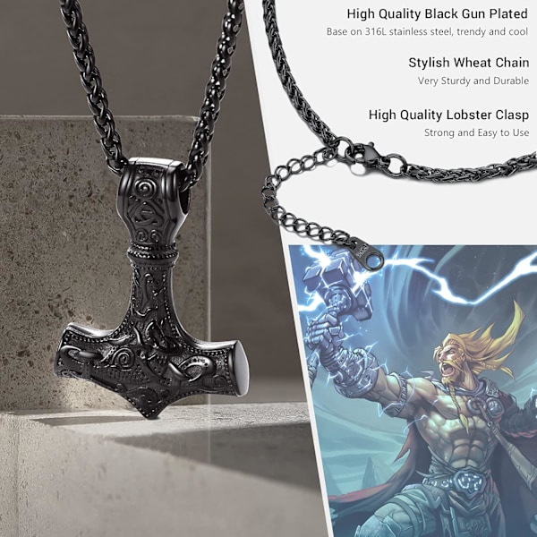 Thorin Mjolnir-vasara riipusriipus, pohjoismainen viikinkikirves piikikettulla, ruostumaton teräs 02. Negro