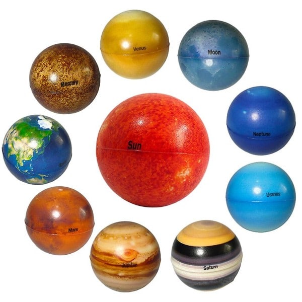 10 stk. stressbolde med solsystemet, solplaneter, bolde, børns hoppebolde, klemmebolde i assorterede farver