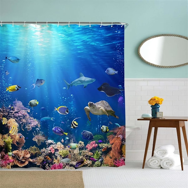 Ocean Underwater World Anti-mugg Stoff Vanntett Badeforheng for Baderom Badekar, 180 x 180 cm, Lys Blå