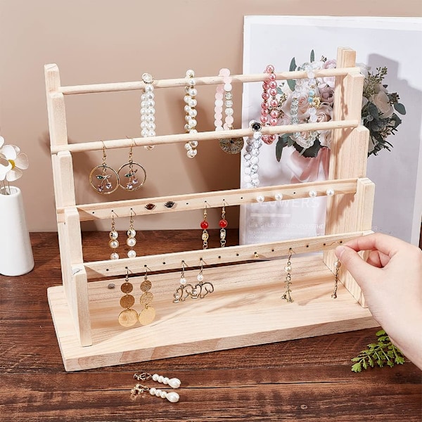 4-lags Øreringe Display Stand i Træ, 28 Huller Træ Øreringe Smykke Display Rack Smykke Organizer Holder Riser til Øreringe Halskæde Armbånd Nøglering