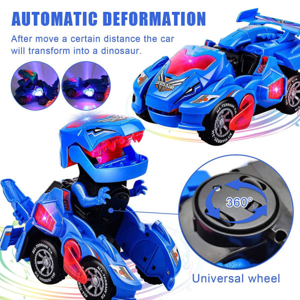 Muodonmuuttuva dinosauruslelu, muodonmuuttuva dinosaurusauto, automaattisesti muodonmuuttuva dinosaurusauto musiikilla ja LED-valoilla, muodonmuuttuva autolelu sininen Blue
