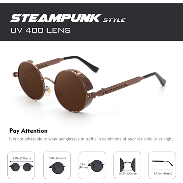 Retro Steampunk-stil Unisex Inspireret Runde Metal Cirkel Polariseret Solbriller afslappende, sikker og behagelig, til mænd og kvinder 1.6-brown Frame / Brown Lens