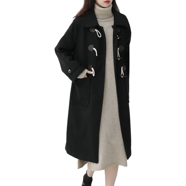 Lang sort trenchcoat horn spænde tweed frakke /XL black XL