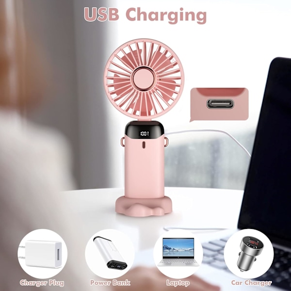 Handhållen fläkt, Mini Portabel USB Uppladdningsbar Fläkt, Liten Fickfläkt 5 Hastigheter med Bas, 1200mAh Batteri Vikbar Skrivbordsfläkt för Kontor, Utomhus