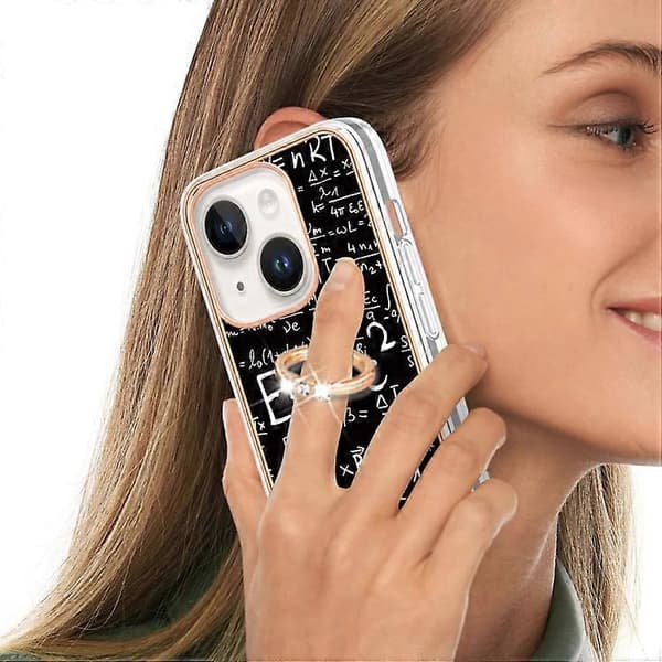 For iPhone 15 Elektroplettering Dobbeltsidig IMD Mobiltelefondeksel med Ringholder