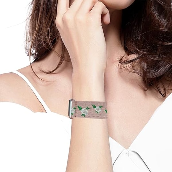 Blomster Sportbånd Kompatibel med Apple Watch, Kvinders Elastisk Vævet Nylon Enkelt Loop Broderet Blomsterprint Urrem til Flere Serier Green leaf pink rose dark pink 42/44/45/49mm