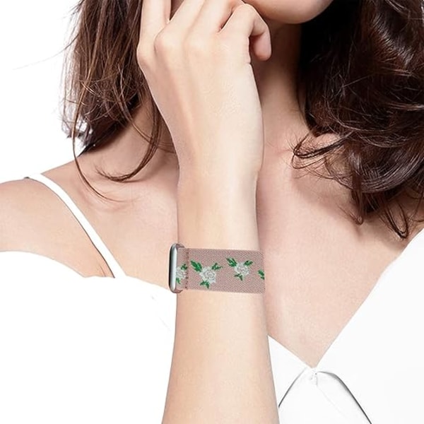 Blomster Sportbånd Kompatibelt med Apple Watch, Kvinners Elastisk Vevd Nylon Enkeltløkke Broderte Blomstertrykk Urreim for Flere Serier Green leaf pink rose dark pink 38/40/41mm