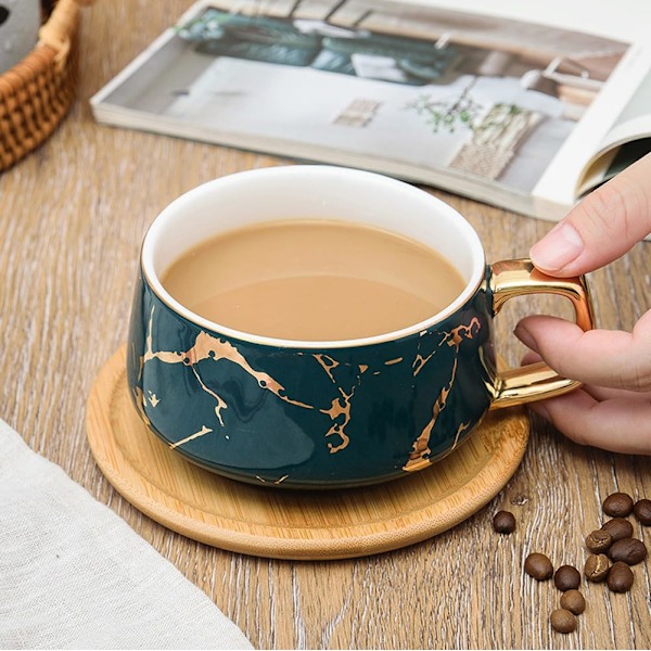 Porcelæns Tekop Kaffekopsæt til Eftermiddagste - Marmormønster (Grøn, Kort 300ml + Træunderkop) Green