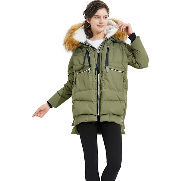 Kvinners tykkere dunjakke Parka hette lang pufferjakke for vinteren S Green+Fur Trim