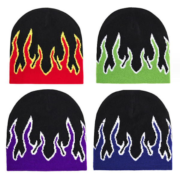 Tjock Varm Öronmuff Beanie Hatt Män Vinter Flamma Tryck Cykling Stickad Hatt Kläder Tillbehör Grön green