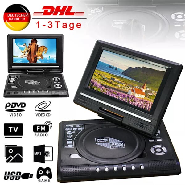 Bärbar DVD-spelare med HD Stor Skärm Roterande Skärmspelare + Gamepad DE