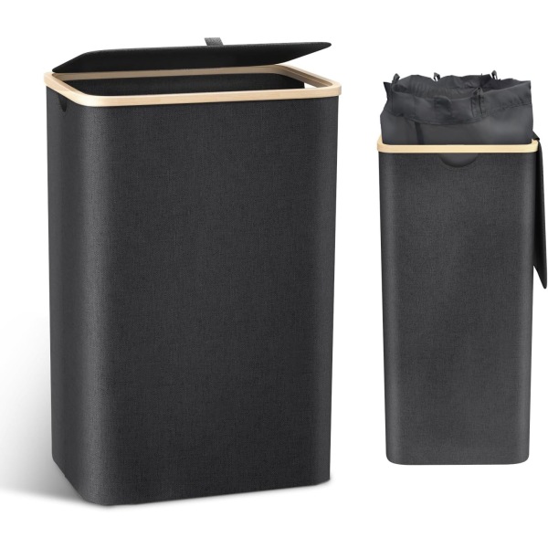 Tvättkorg i bambu med innerpåse och cover förvaringslåda Svart 40,5*33*75cm Black