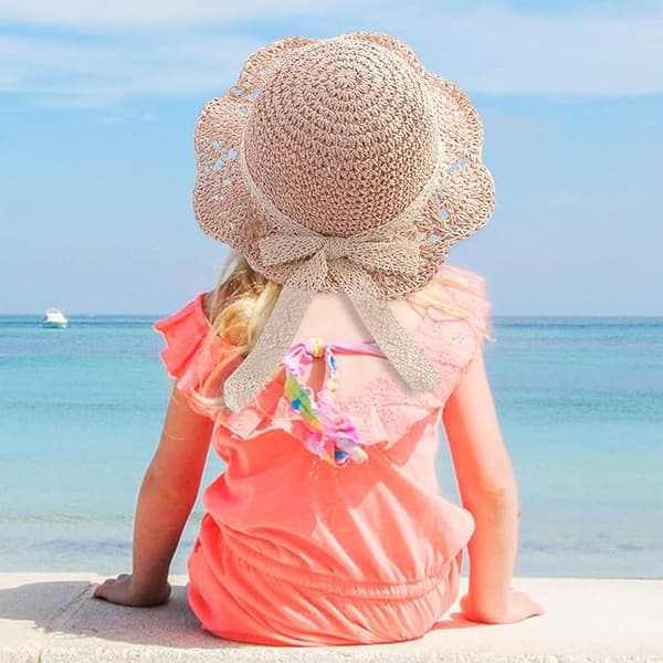 Stråhat til baby pige sommerhat med foldbar sløjfe solbeskyttelse hatte til stranden 2 til 6 år