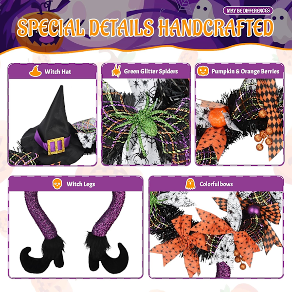 Halloween-koristeet, Halloween-seppele, 61 cm Halloween-seppele etuoveen, noidan jalka -seppele etuoven ikkunan takan koristeluun sisä- ja ulkokäyttöön