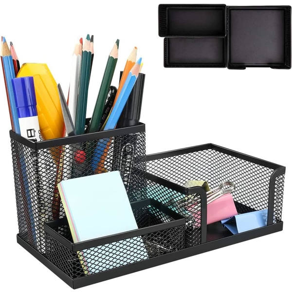 Mesh skrivebordsarrangør sort skrivebords kontorartikler Caddy med penneholder og opbevaringskurve til skrivebordstilbehør med 3 rum (3 i 1)