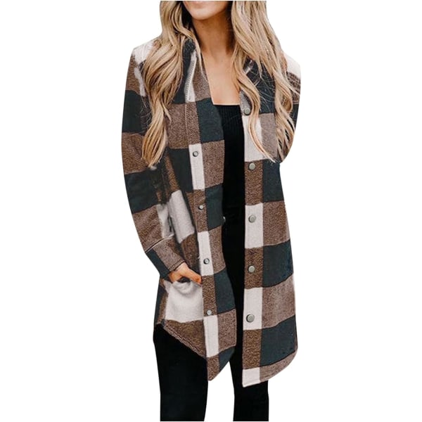 Ruskea naisten takki pitkä ruudullinen casual rento syys/talvi neuletakki /L brown L
