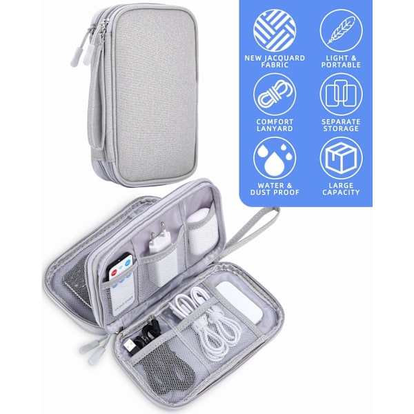 Vandafvisende Kabelorganisator til Rejser, Tilbehør til Kabeltaske til Oplader, USB-hukommelse, SD-kort og Adaptere, Grå Silver