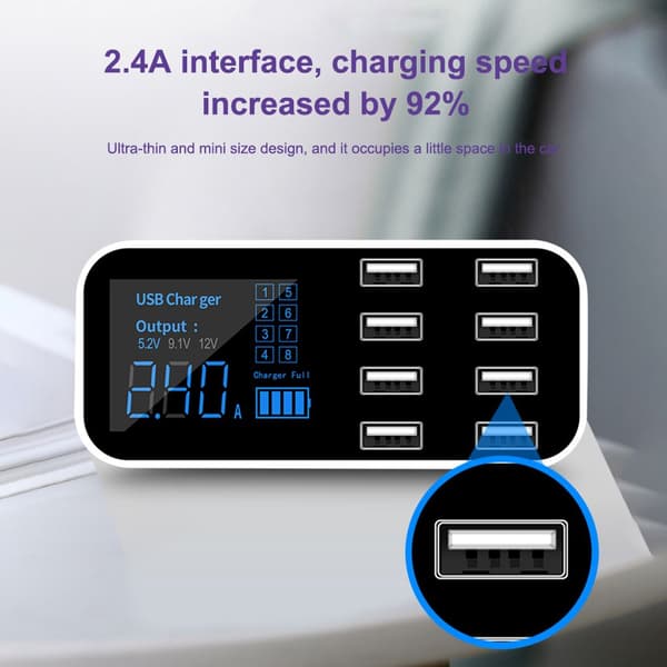 A9S Hurtig Biloplader 8 Port Multi USB Telefonoplader USB Hub
