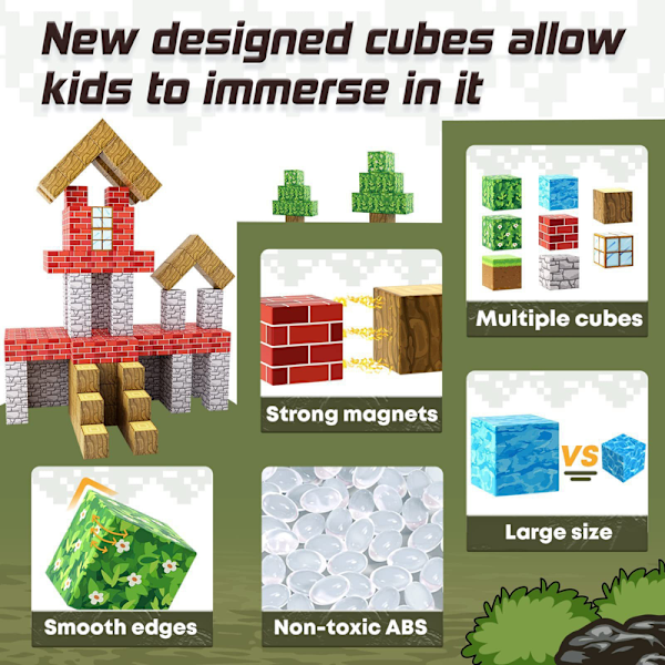 Magnetiske Byggeklodser - Byg Min Magnetverden Magisk Portal Sæt Sansestimulerende Udendørs Legetøj til Drenge og Piger 3+ år, Kreativ Leg for Børn 63pcs cubes + 2 doll