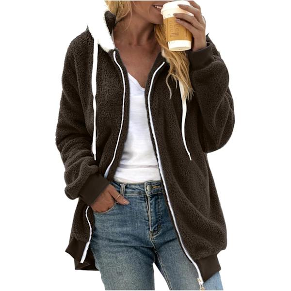 Hættejakke til kvinder Teddy Fleece Frakke Overgangsjakke med hætte med lommer lynlås efterår vinter plysjakke fleecejakke vinter M B Brown
