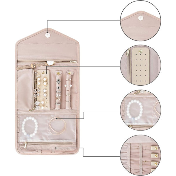Rejse Smykkearrangør Rul Foldbar Smykkeetui til Rejse-Ringe, Halskæder, Armbånd, Øreringe Pink