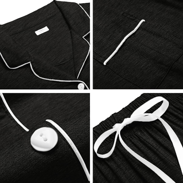 Dam Pyjamas Set Kortärmad Nattkläder Dam Knapp Ned Nattkläder PJ Set med Ficka XXL Black Grey