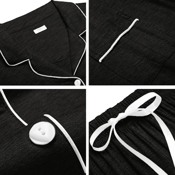 Naisten pyjamasetti, lyhythihainen yöasu, naisten napitettava yöasu, pyjamasetti taskuilla L Black Grey