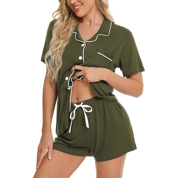 Dam Pyjamas Set Kortärmad Nattkläder Dam Knapp Ned Nattkläder PJ Set med Ficka XL Army Green