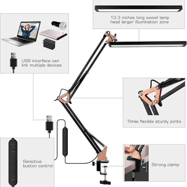 LED-skrivebordslampe - Clip-on LED-skrivebordslampe - Øjenbeskyttelse - 3 lystilstande, 10 lysstyrker