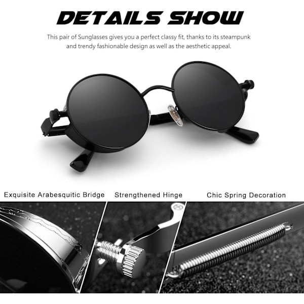 Retro Steampunk-stil Unisex Inspireret Runde Metal Cirkel Polariseret Solbriller afslappende, sikker og behagelig, til mænd og kvinder 1.1-black Frame / Grey Lens