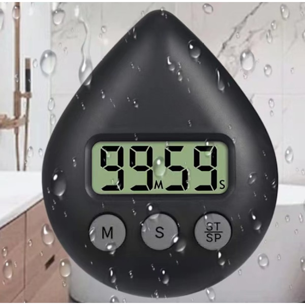 Vattentät duschtimer, digital timer, badrums- och kökstimer, nedräkningstimer med sugkoppshål svart black