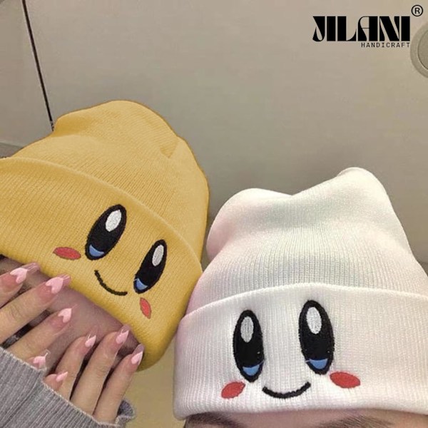 Handgjord - Kirby Beanie Vuxenstorlek Anime Hat Tillbehör Kawaii, med snyggt broderat mönster, Medium Yellow M