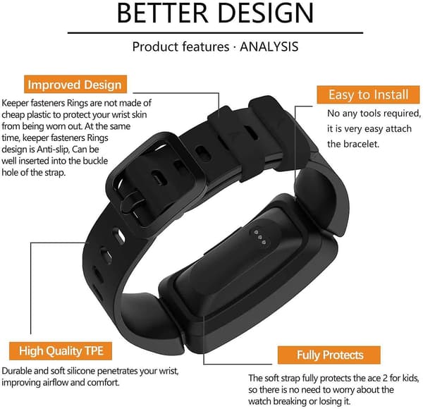 Kompatibel med Fitbit Ace 2 remme til børn 6+, blødt silikonearmbånd