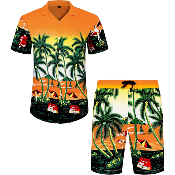 Herr Hawaiian skjorta och shorts set Regular Fit kortärmad casual funky strand flamingo skjorta set XXL Yellow Beach