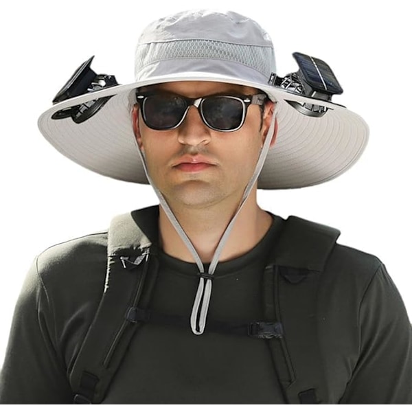 Bredbrättad Solhatt för Utomhusbruk med 2 Solfläktar, Solhatt för Män och Kvinnor UPF 50+, Fiske- & Strandhatt med Inbyggd Fläkt light Gray