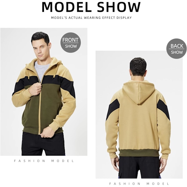 Herre fleece hettegenser pullover casual hettegenser kontrastfarge topp med kanga-lomme Khaki M