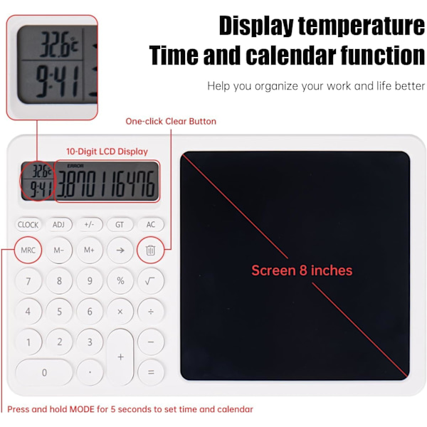 2 i 1 kalkulator med LCD skriveplate, skrivebords kalkulator med elektronisk kalender, tid og temperatur indikator, 10 siffer LCD display kalkulator