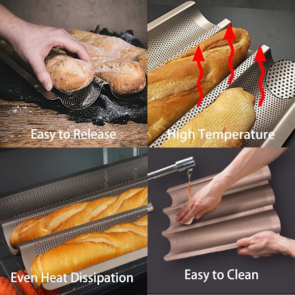 Baguetteforme til bagning, kulstofstål 3 brød non-stick baguette bageplade til perforeret franskbrødsform
