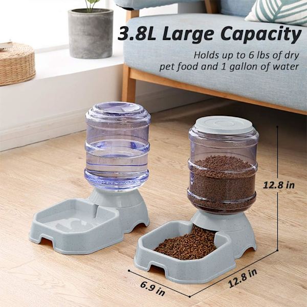 Automatisk foder- og vanddispenser til hunde og katte, BPA-fri, tyngdekraftspåfyldning, nem at rengøre, selvfodring. Grey