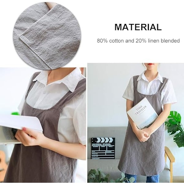 Japansk stil Kvinder Bomuld Linned Forklæde Ensfarvet Halter Kryds Bandage Forklæder Ensfarvet Bomuld og linned Forklæde til Køkken Havearbejde Daglige Gøremål