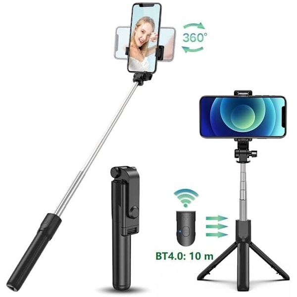 Selfie Stick Tripod med Trådløs Fjernbetjening - 4 i 1 Udtrækkelig Bærbar til Mobiltelefoner Kompatibel med iPhone 15/14/13/12/11 Pro/XS Max/XS/X/8/7 (Sort) Black