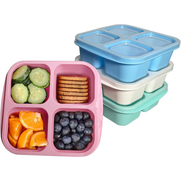 4-pack mellanmålsbehållare, 4 fack Bento-mellanmålslåda, återanvändbara matlådor för lunch (grön/blå/rosa/vit)