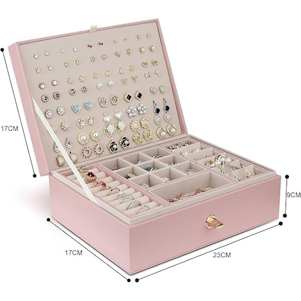 Smyckeskrin förvaring för halsband örhängen armband ringar stor PU-läder med 3 lager stapelbar smyckeskrin stativ rosa Pink