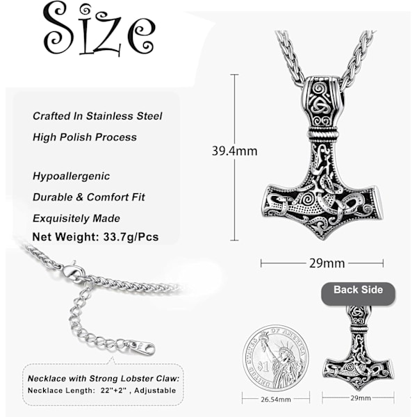 Thors Hammer Halskæde, Rustfrit Stål Viking Halskæde, Nordisk Viking Halskæde, Thors Hammer Vedhæng Plateado