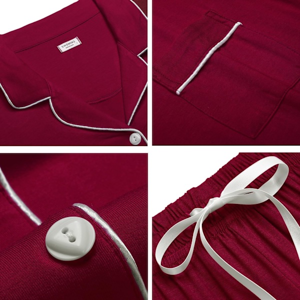 Kvinnors Pyjamas Set Kortärmad Nattkläder Dam Knäppning Nattkläder PJ Set med Ficka S Wine Red